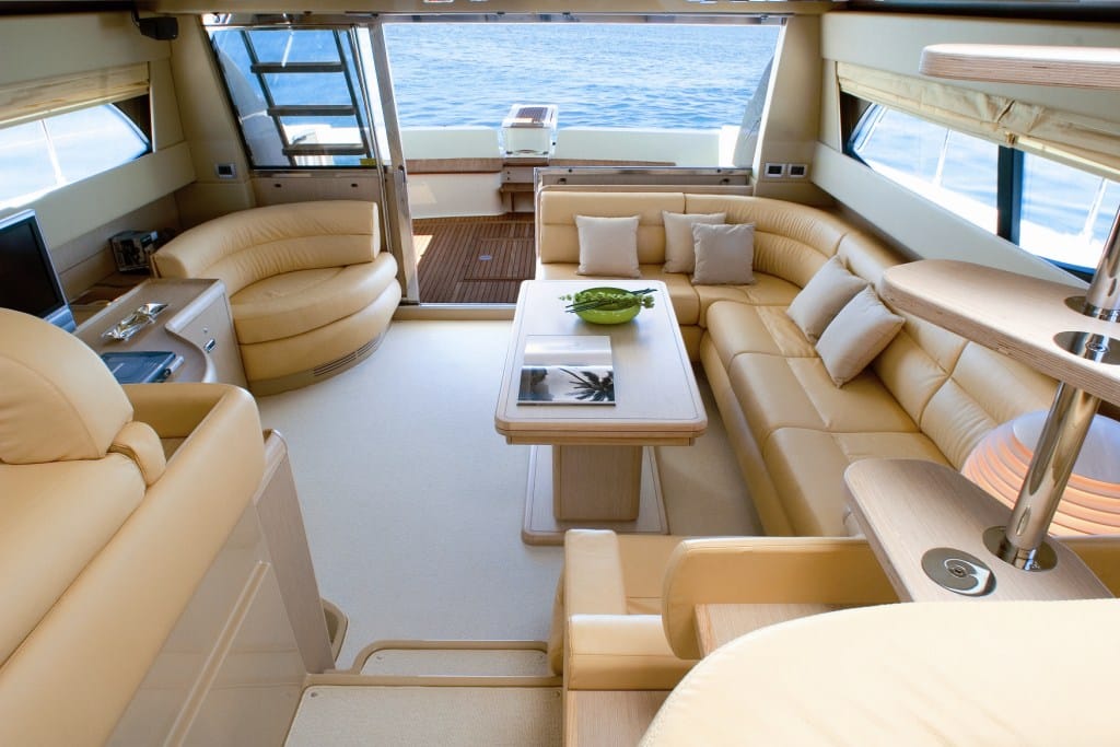 Spacious and stylish lounge area inside the Ferretti 591 yach